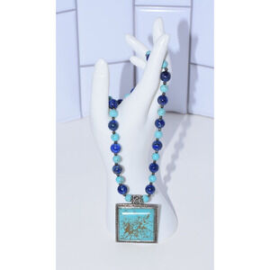 GSJ CN 925 STERLING SILVER, LAPIS & TURQUOISE DESIGNER BEAD & PENDANT NECKLACE